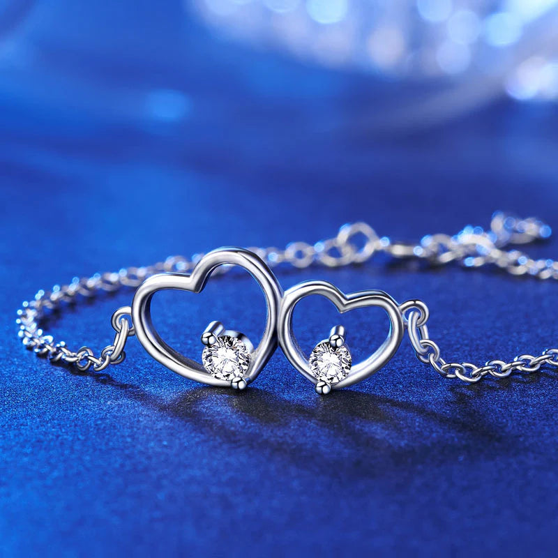 Solid 925 Sterling Silver Bracelet Double Heart Bridesmaid Wedding Gift
