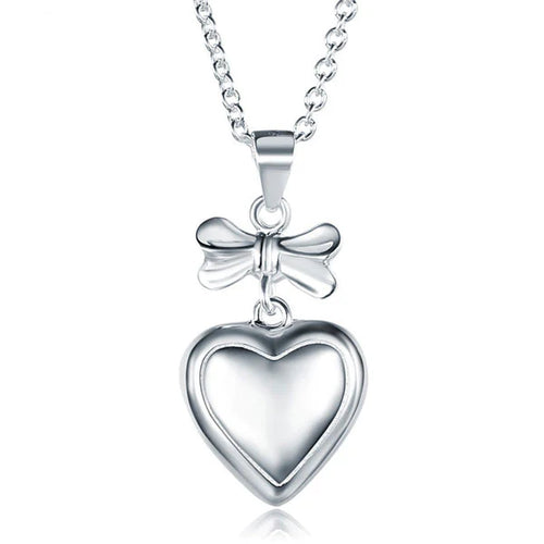 Kids Girl Ribbon Heart Pendant Necklace 925 Sterling Silver Children Jewelry