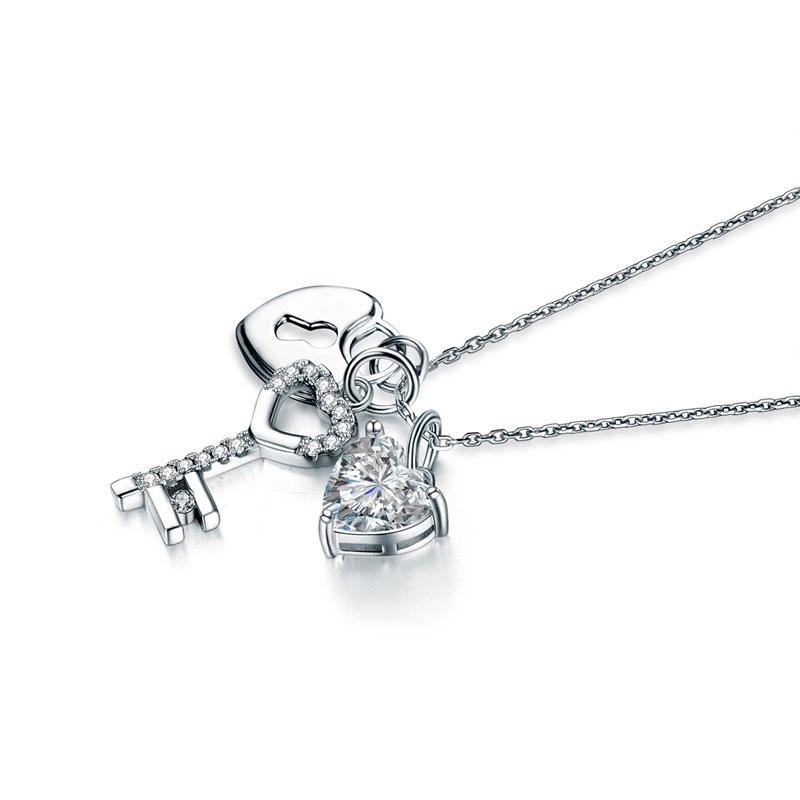 Heart Lock & Key 925 Sterling Silver Pendant Necklace
