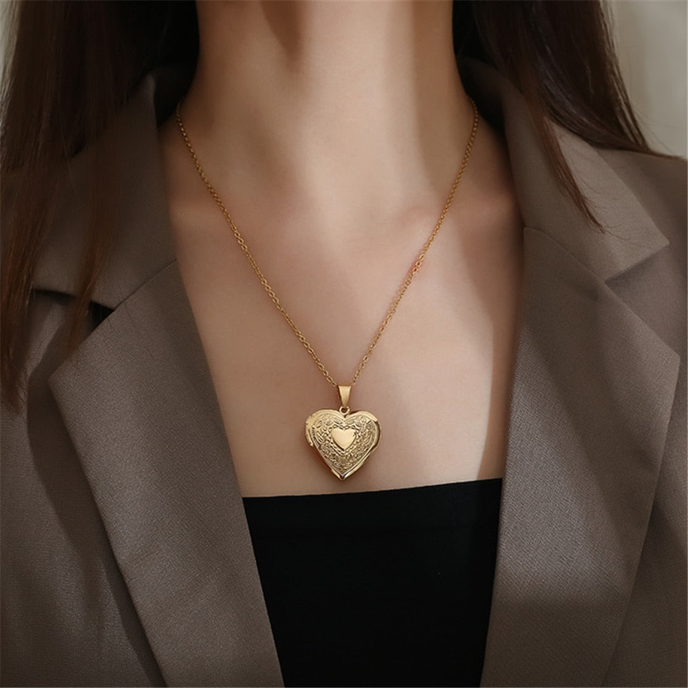 Heart Locket Pendants Necklaces For Women Gold Color photo frame Valentine lovers Necklace 45/66cm Gift Jewelry
