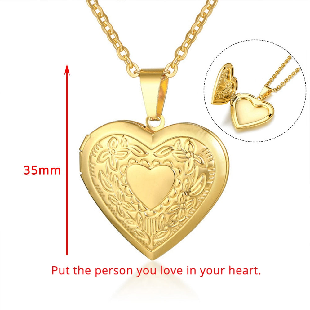Heart Locket Pendants Necklaces For Women Gold Color photo frame Valentine lovers Necklace 45/66cm Gift Jewelry